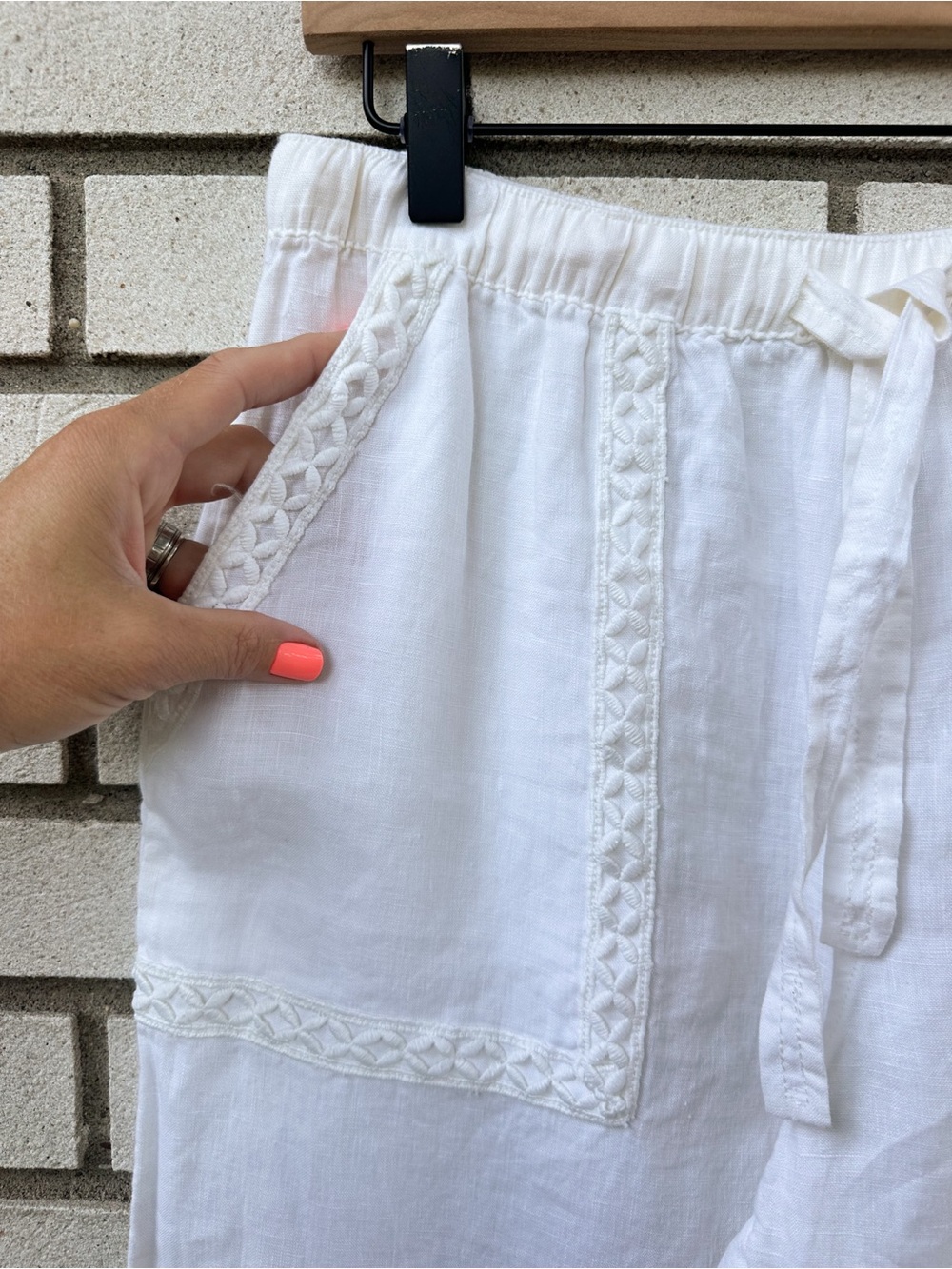 Joie S Ivory White Linen Wide Leg Pull On Pants Embroidered Crochet Trim - Picture 3 of 8